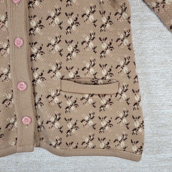 Vintage Floral Thick Knit Cardigan Womens L Mauve Tan Button Front Sweater - Picture 2 of 16